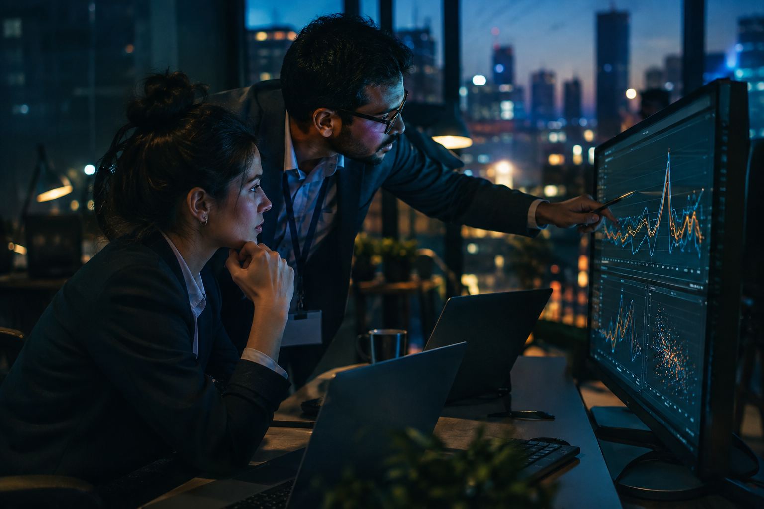 A data scientist reviewing model accuracy curves while a colleague points to a spike