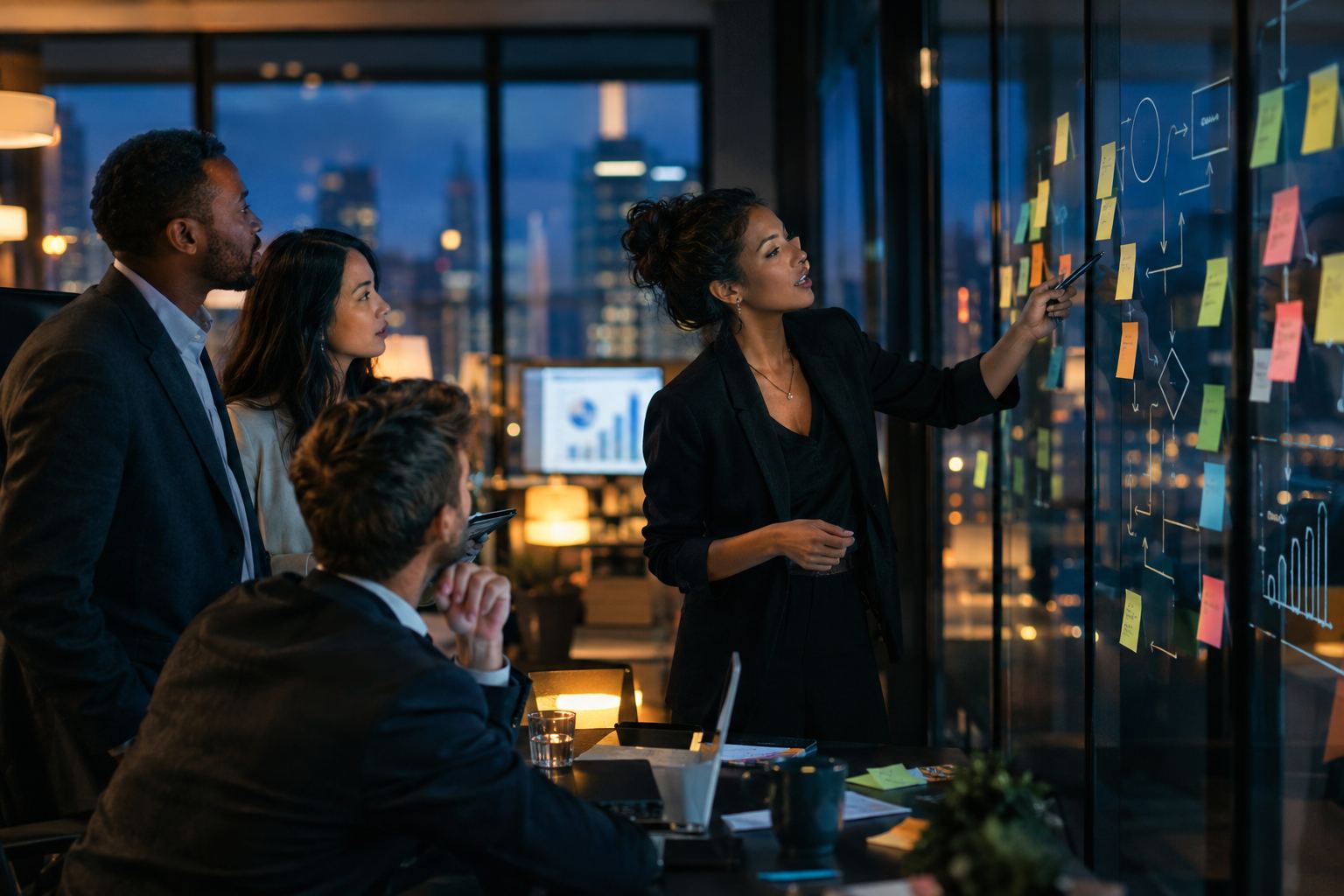 A facilitator leading a client team through a working session at a glass wall of sticky notes