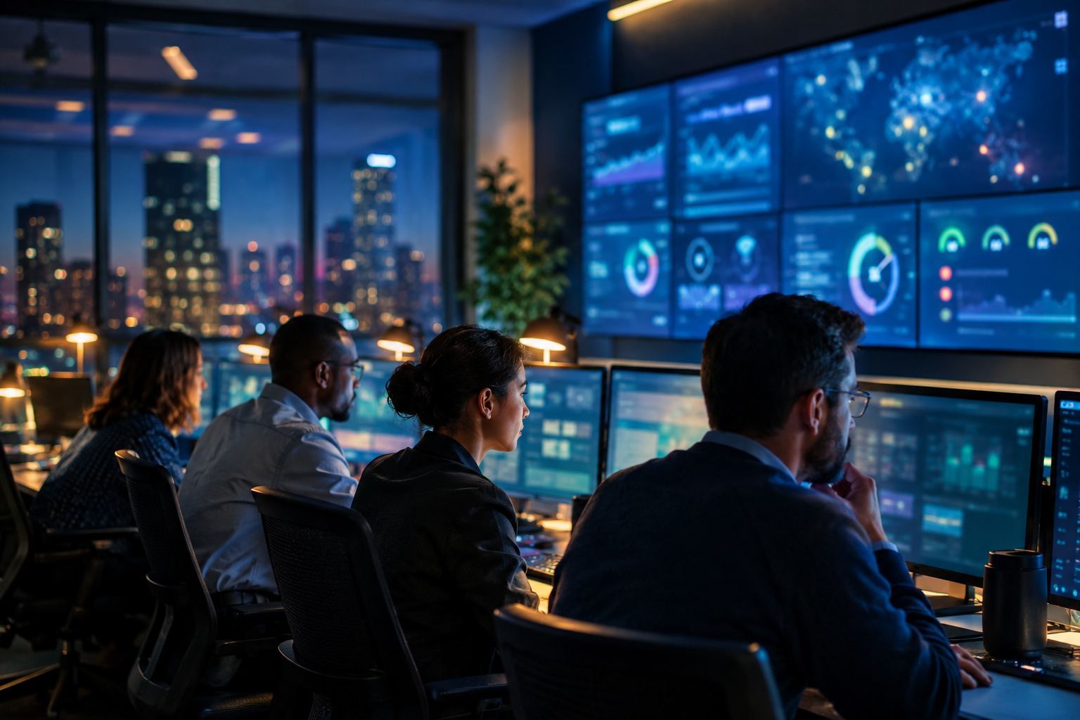 A cloud operations room at night, engineers watching wall displays of infrastructure health
