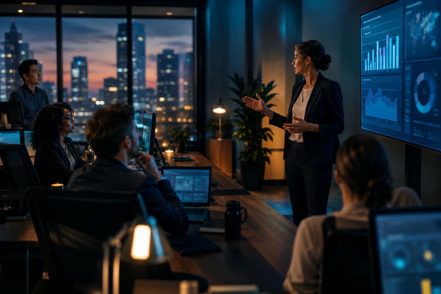 An operations team holding a morning stand-up in front of a live wall dashboard