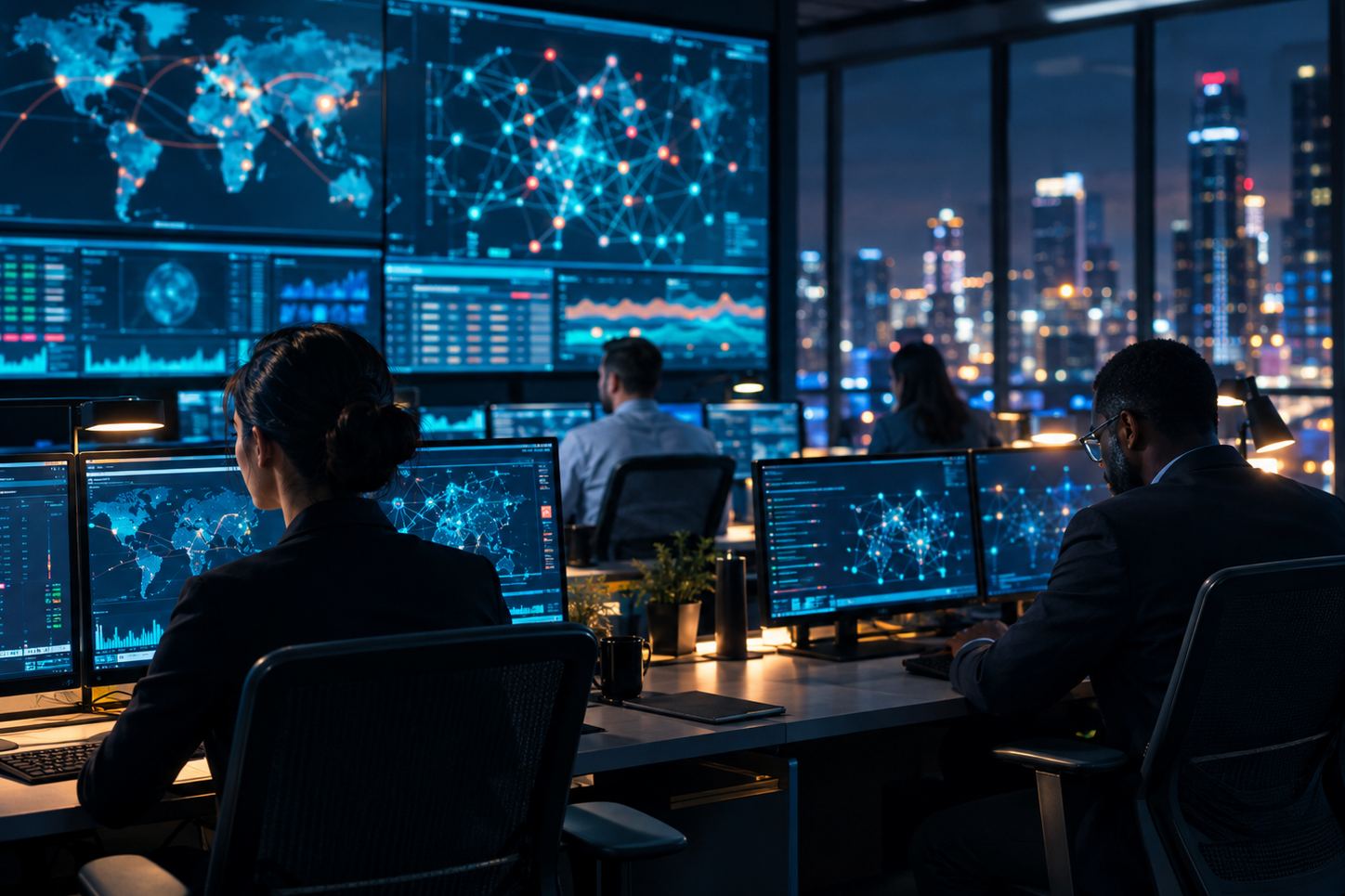 Security analysts monitoring threat dashboards in an operations centre