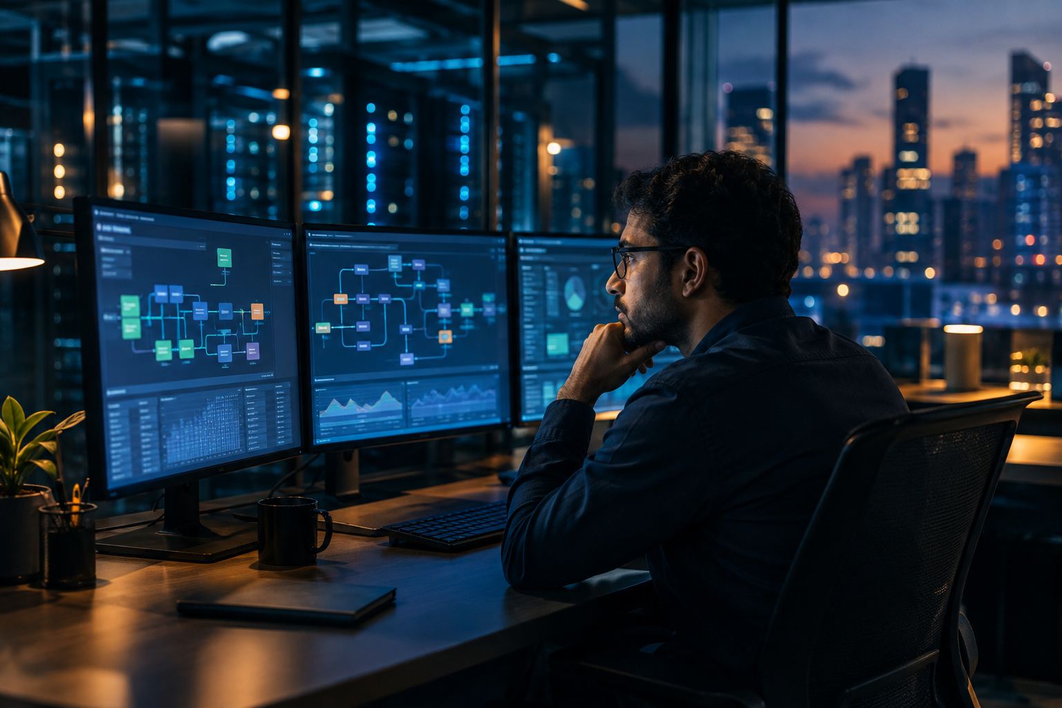A data engineer monitoring pipelines across three screens, with a server room glowing behind the glass