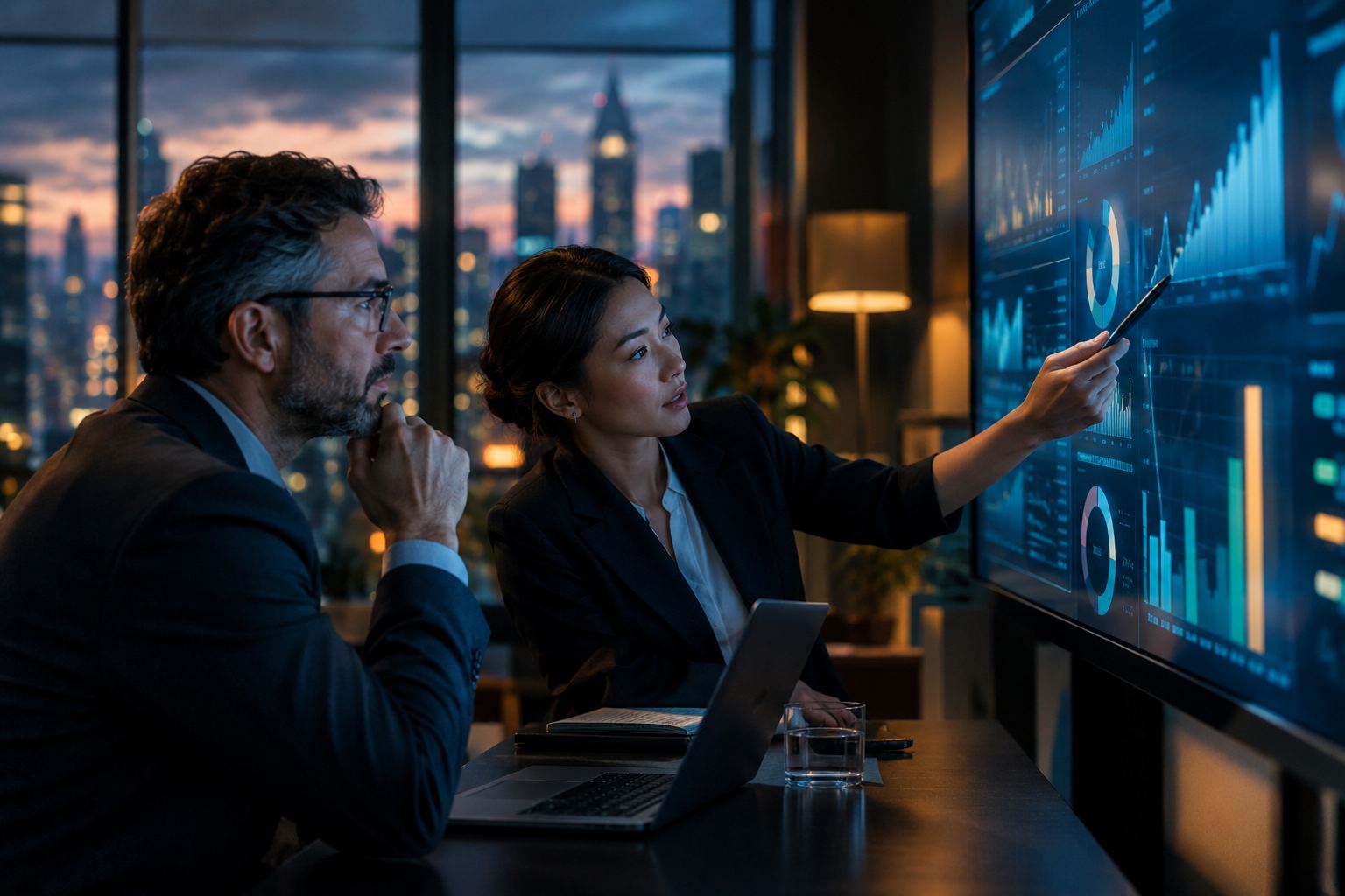 A finance director and an analyst discussing a figure on a large meeting-room dashboard