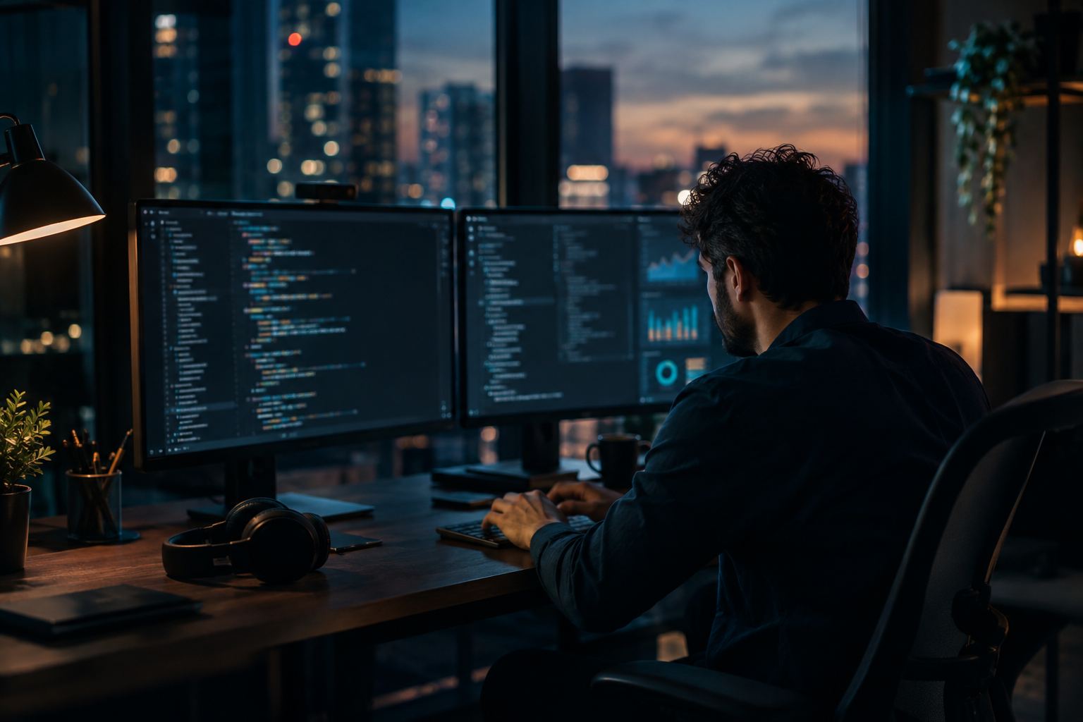 An analytics engineer writing transformation code across two dark-mode monitors