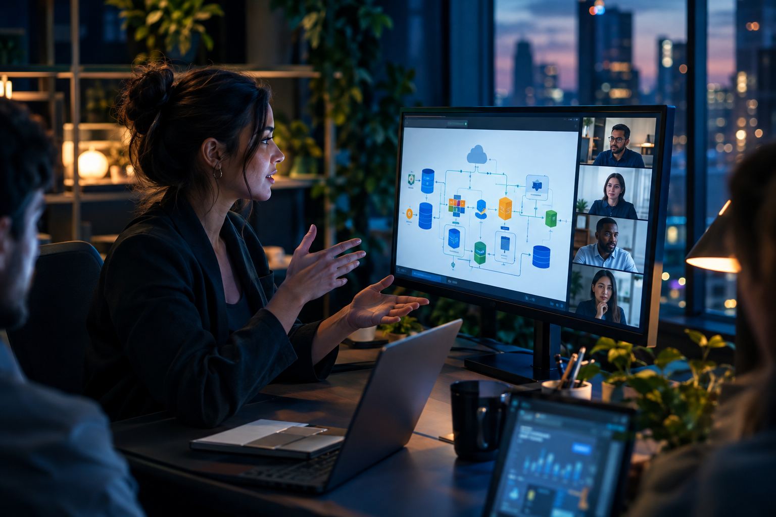 A data engineer presenting an architecture diagram to remote colleagues on a video call