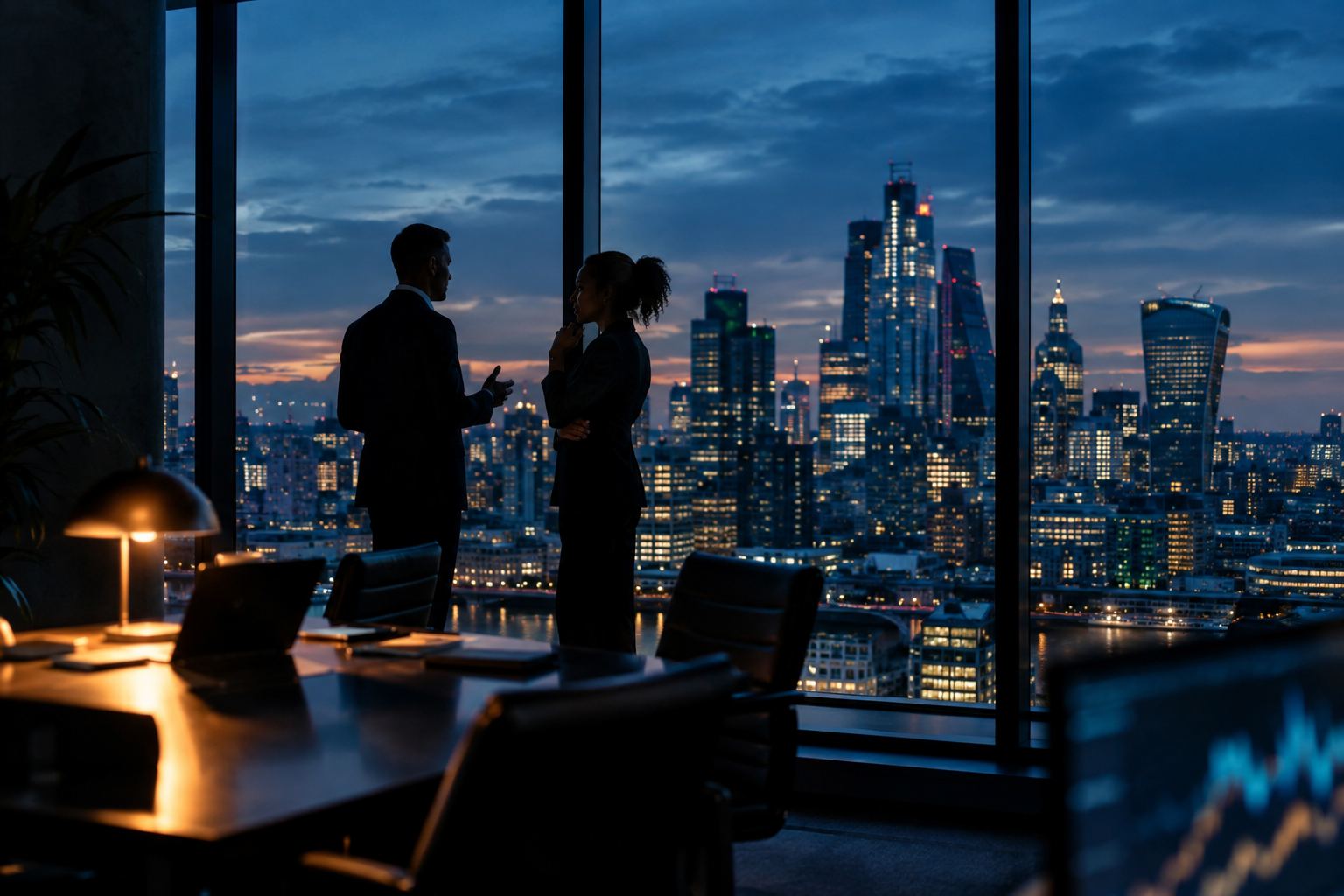 Two colleagues talking in front of floor-to-ceiling windows over a city skyline at blue hour