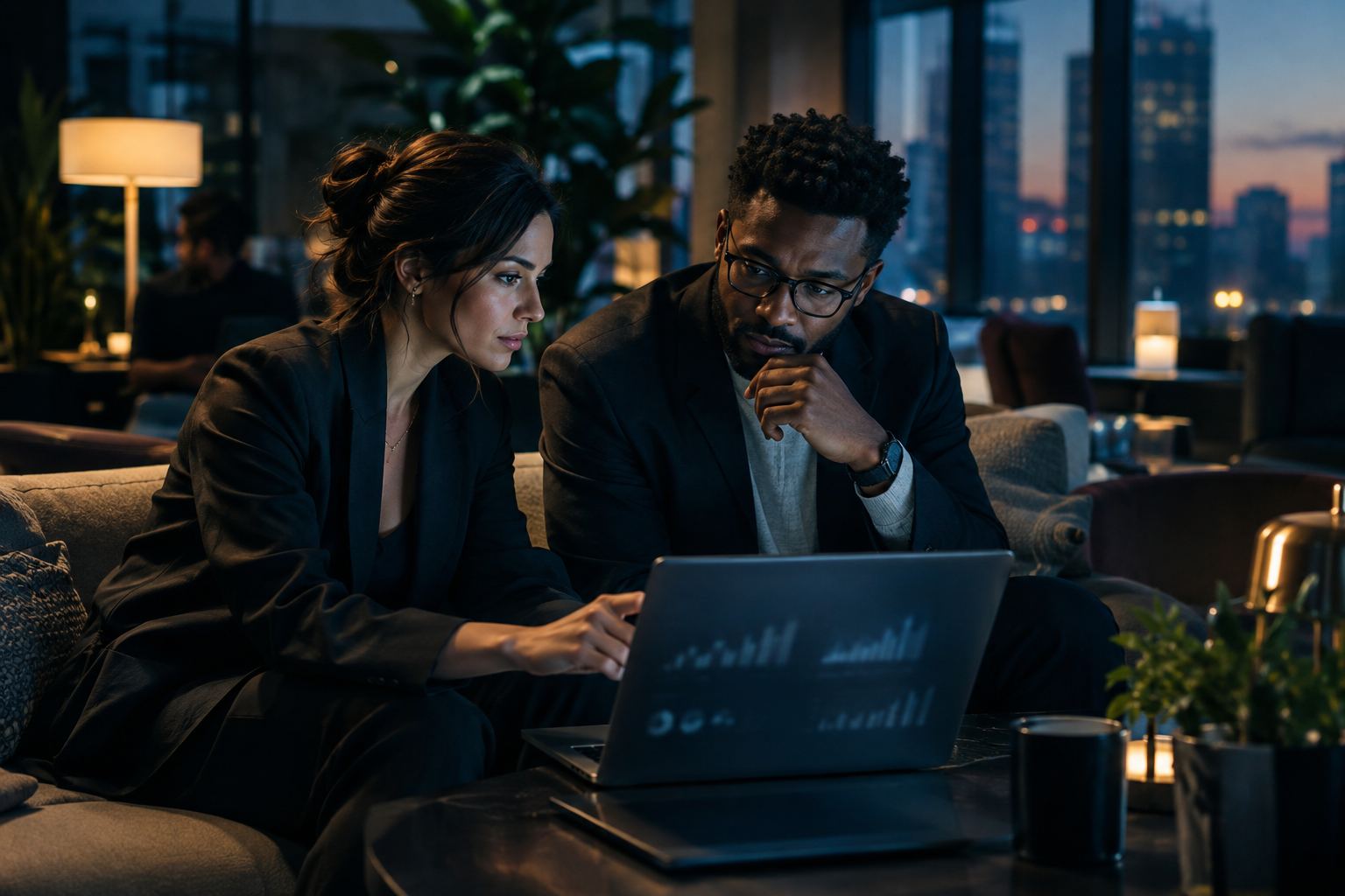 A product manager and an analyst exploring metrics on a laptop in an office lounge