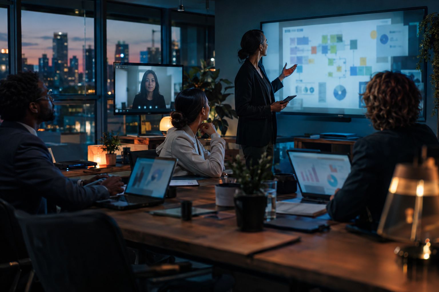 Colleagues collaborating across laptops and a shared screen in a modern workplace