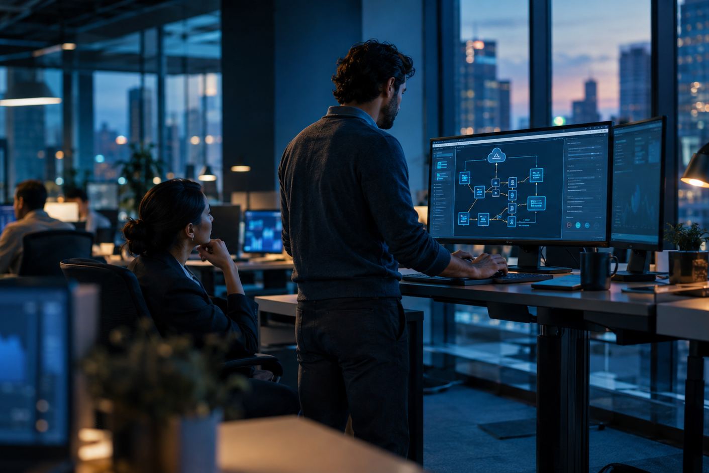 A cloud engineer configuring infrastructure on a wide monitor at a standing desk