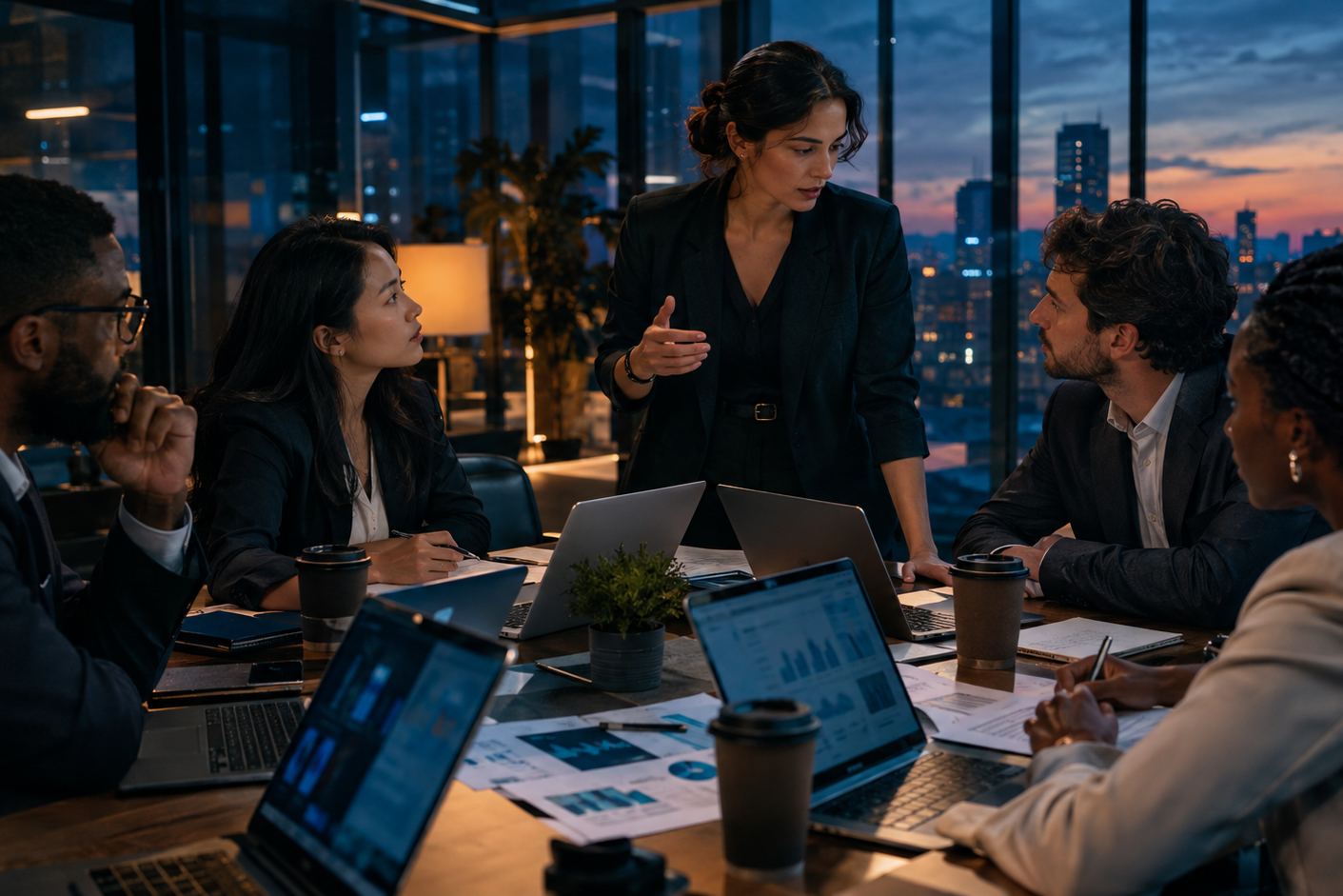 Data consultants gathered around a table of laptops and printed charts in a glass-walled office at dusk