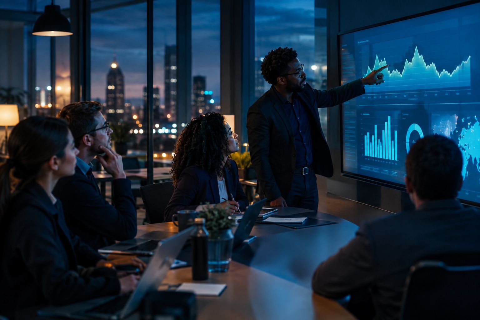 A data platform team reviewing warehouse performance on a large meeting-room screen
