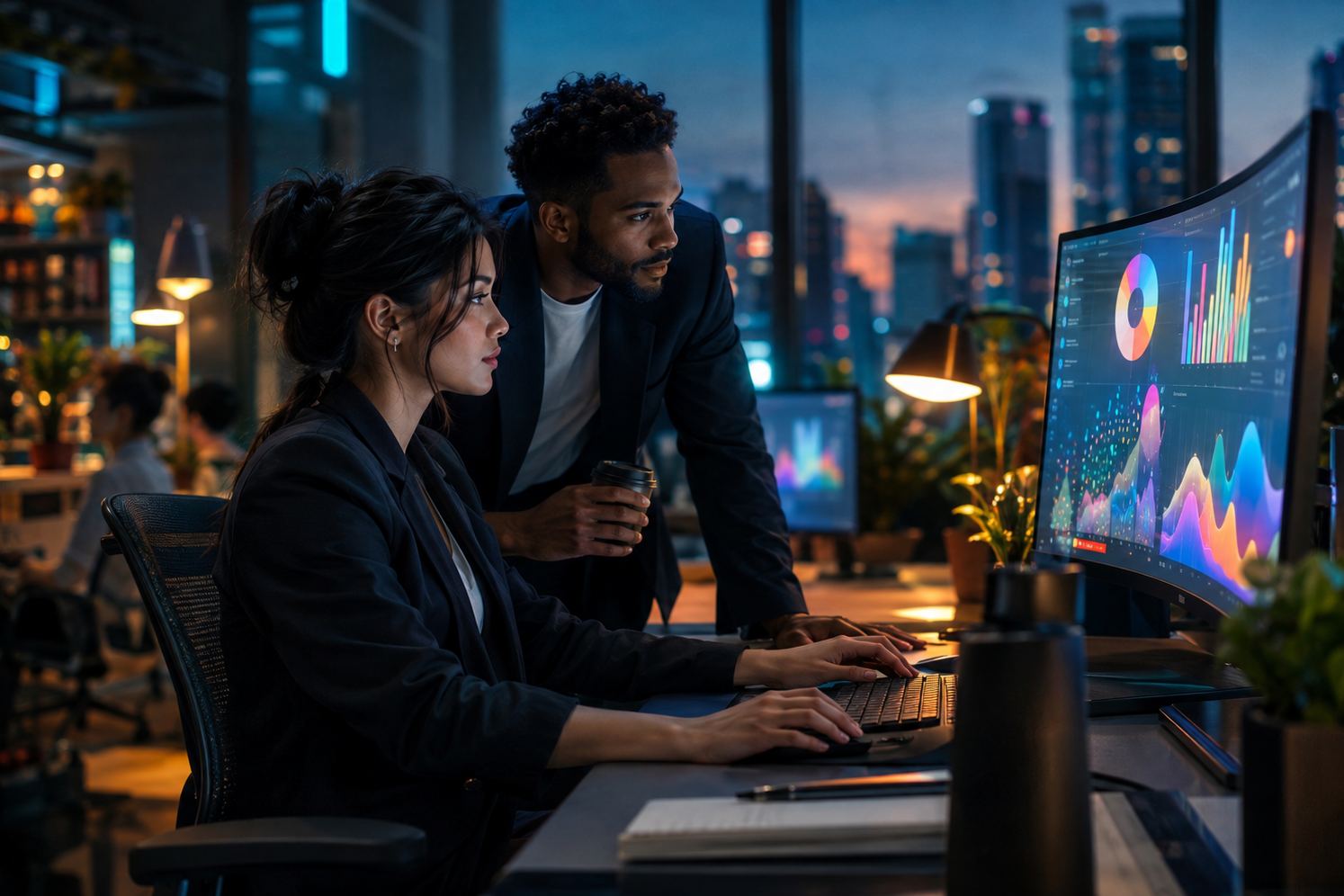 A data analyst building charts on a large curved monitor while a colleague looks on