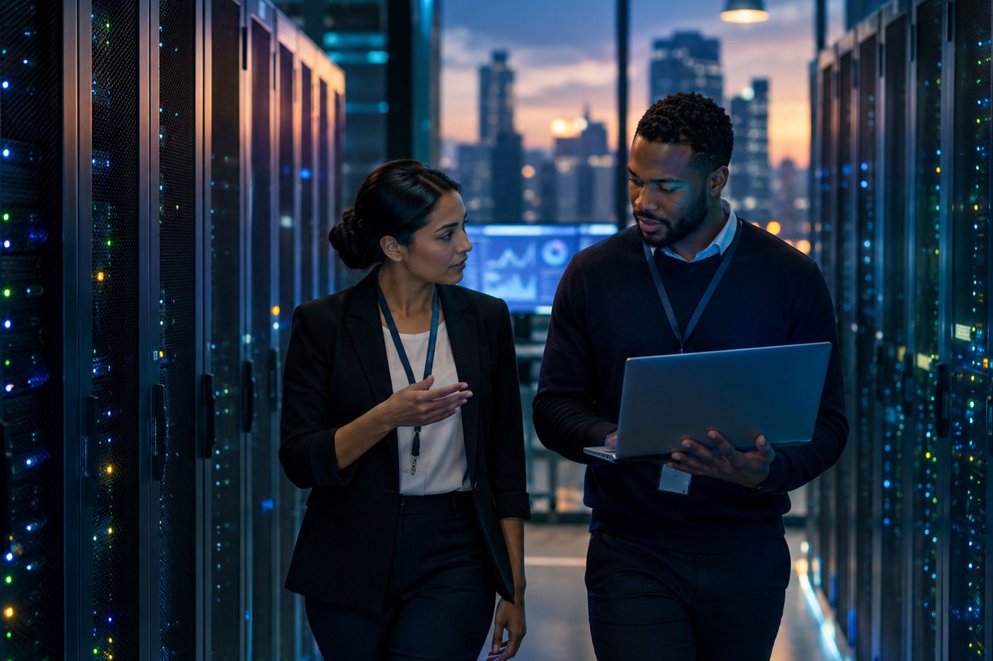 Two engineers walking along a data centre aisle between server racks, one holding an open laptop