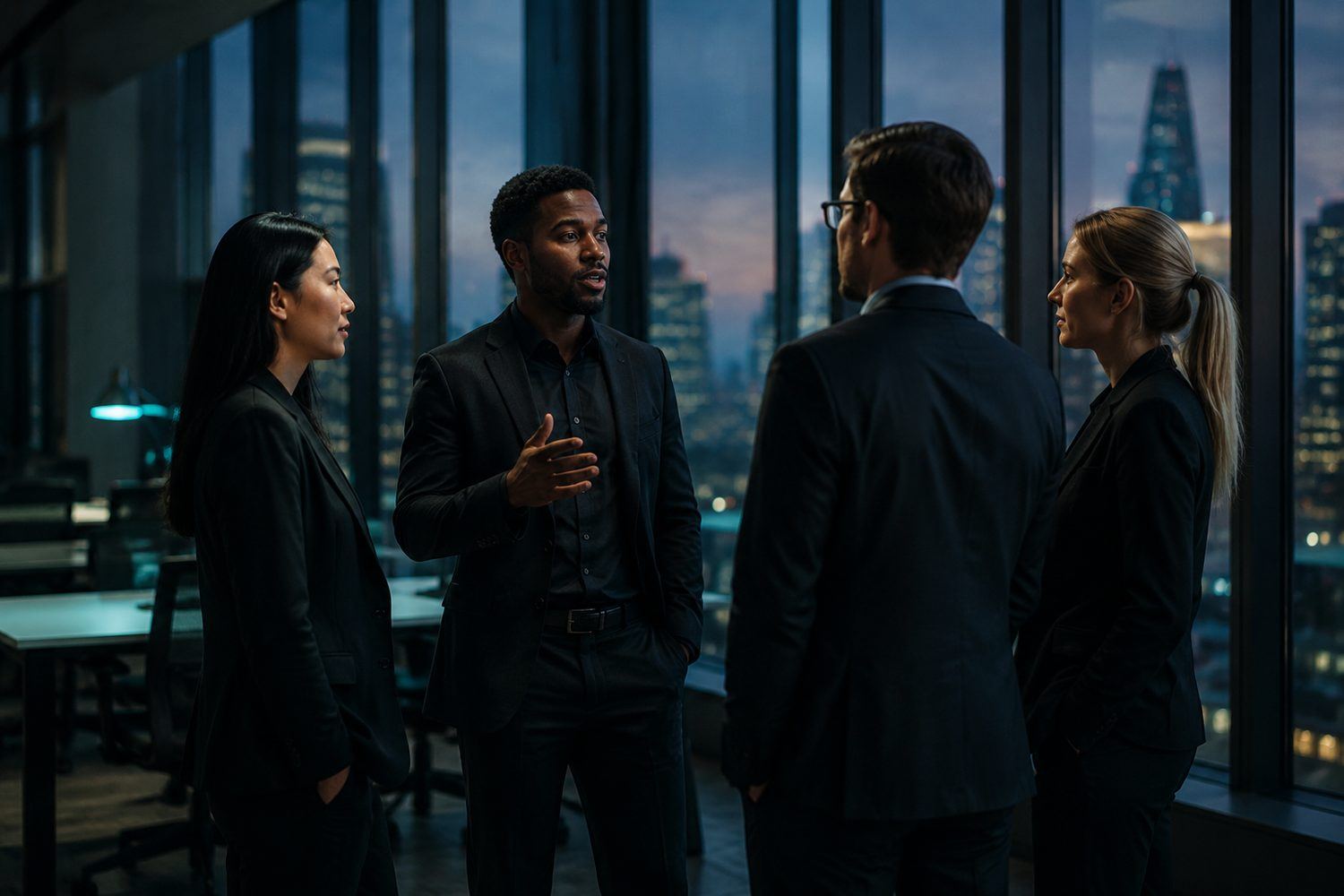 Four 6Analytix colleagues talking in an open-plan office at dusk