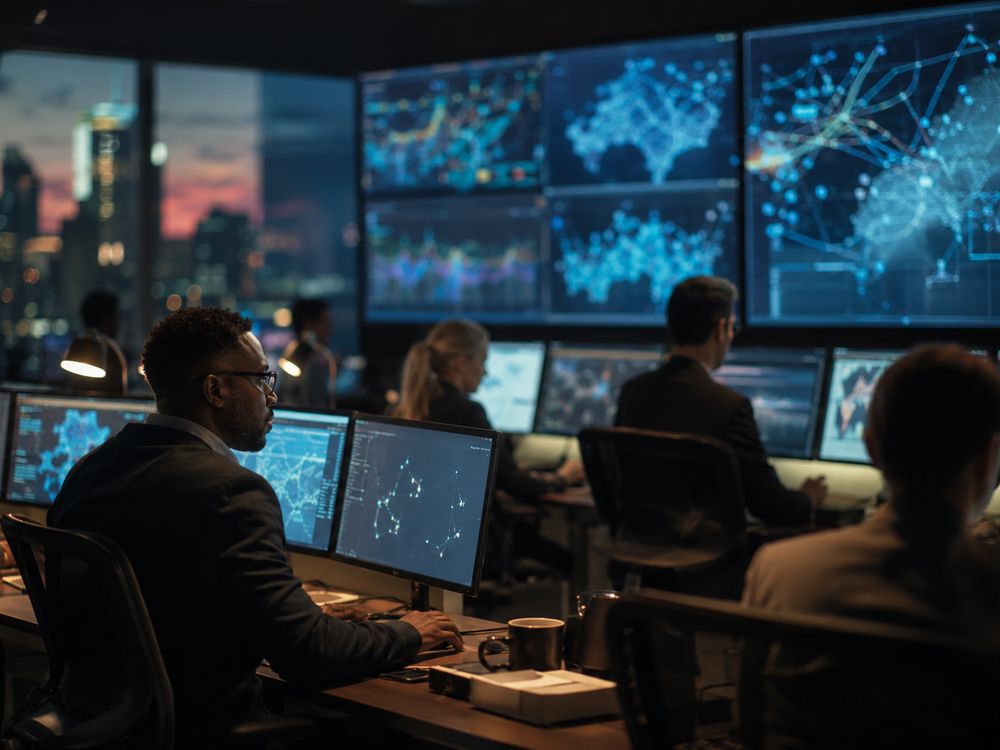 Engineers in a telecoms network operations centre
