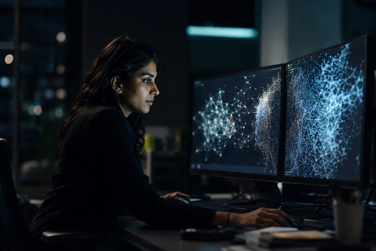 An engineer working with data on screen