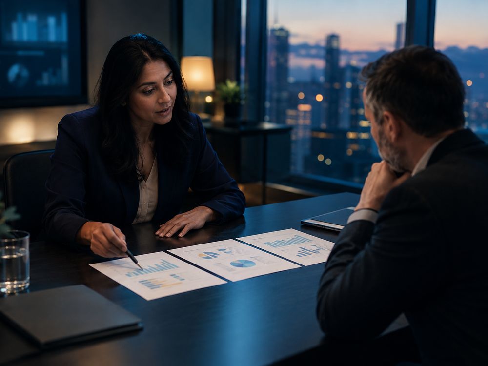 A consultant laying out three options side by side for a client executive
