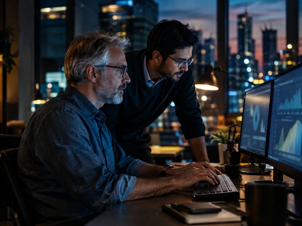 A senior consultant writing code while a client engineer watches beside him
