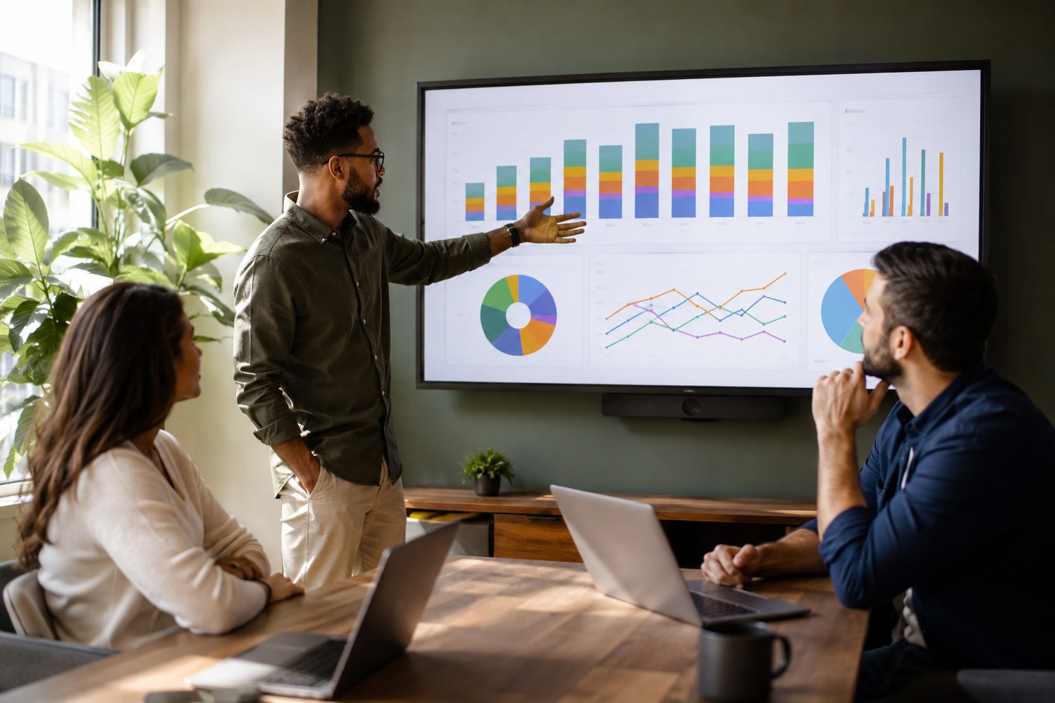 A team discussing a business intelligence dashboard on a wall display