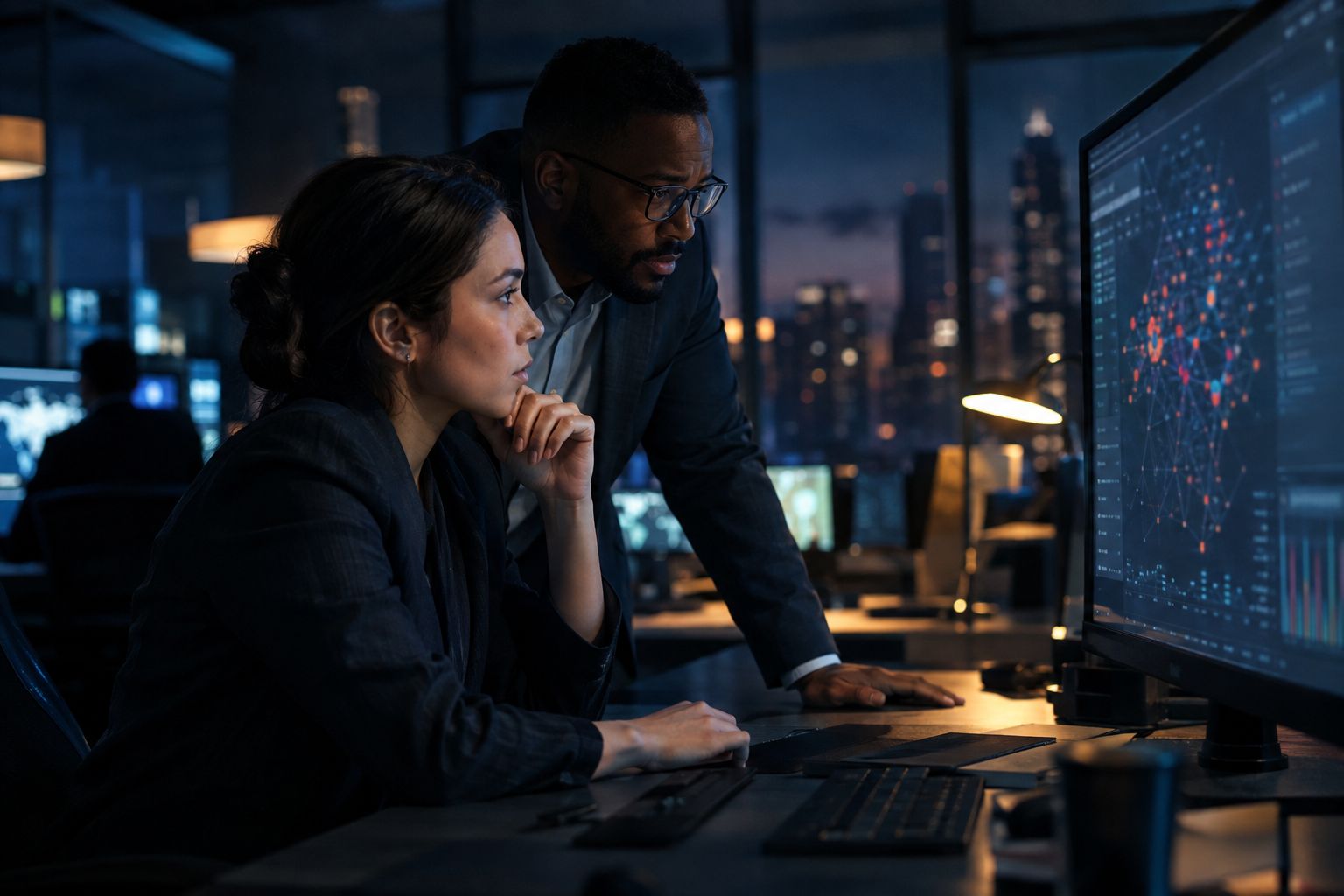 Security analysts reviewing monitoring dashboards in an operations centre