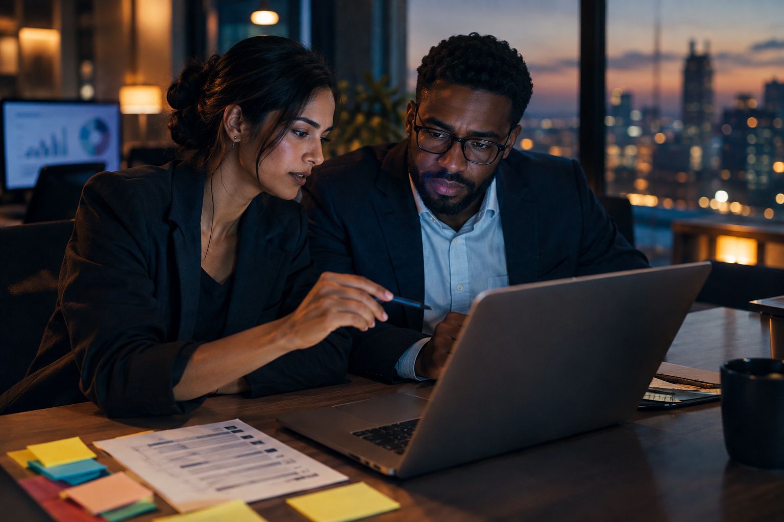 Colleagues working together across laptops and a shared screen in a modern office