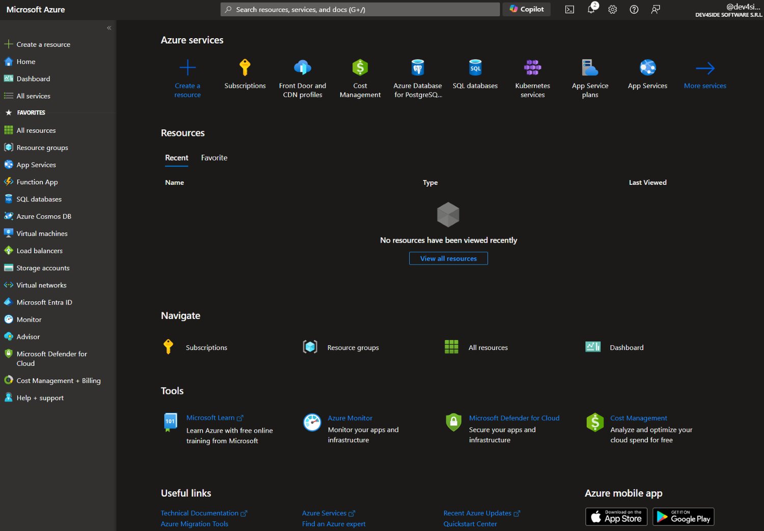 The Microsoft Azure portal showing resources and services